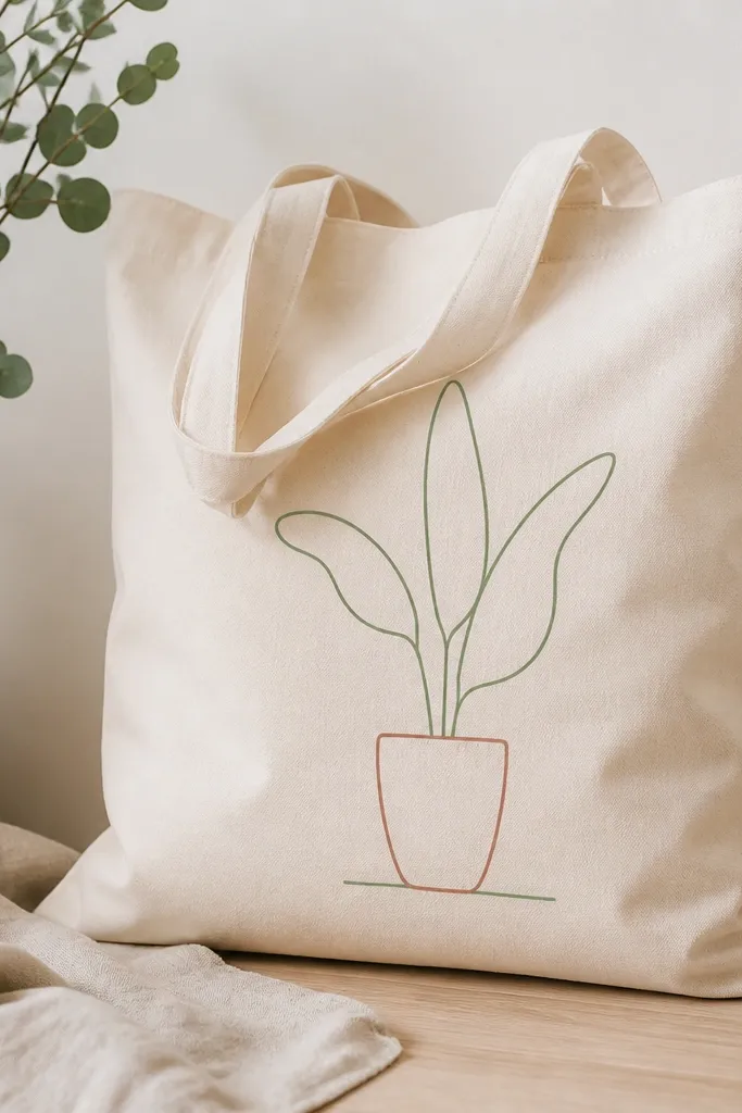 A cream tote with a slim terracotta pot and three long leaves drawn as one-line strokes in green; a small soil line sits at the bottom.