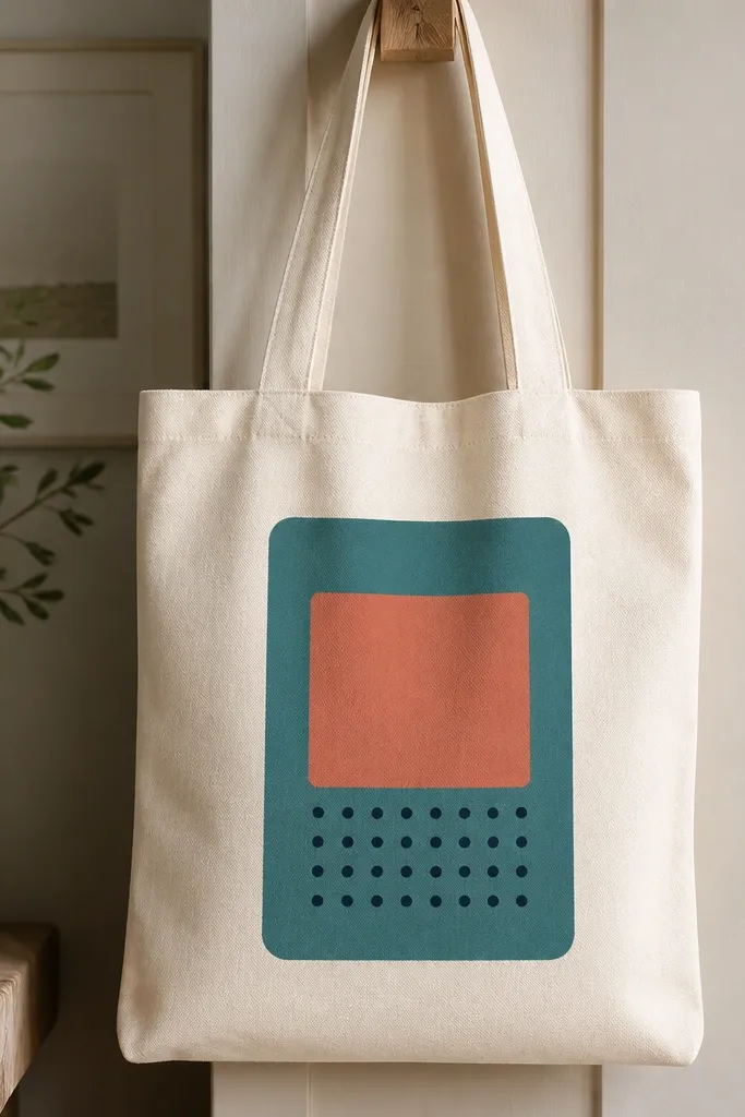 A tote with a centered rectangular panel made of stacked shapes: a teal rounded rectangle, a coral smaller rectangle on top, and a navy dot "punctuation" pattern; no letters.