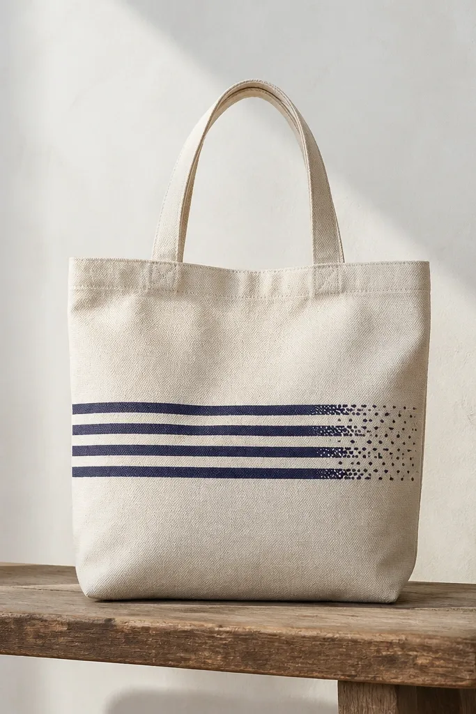 A tote with a centered horizontal band: alternating navy and cream stripes, ending on the right with a cluster of tiny navy dots like a paint dribble.