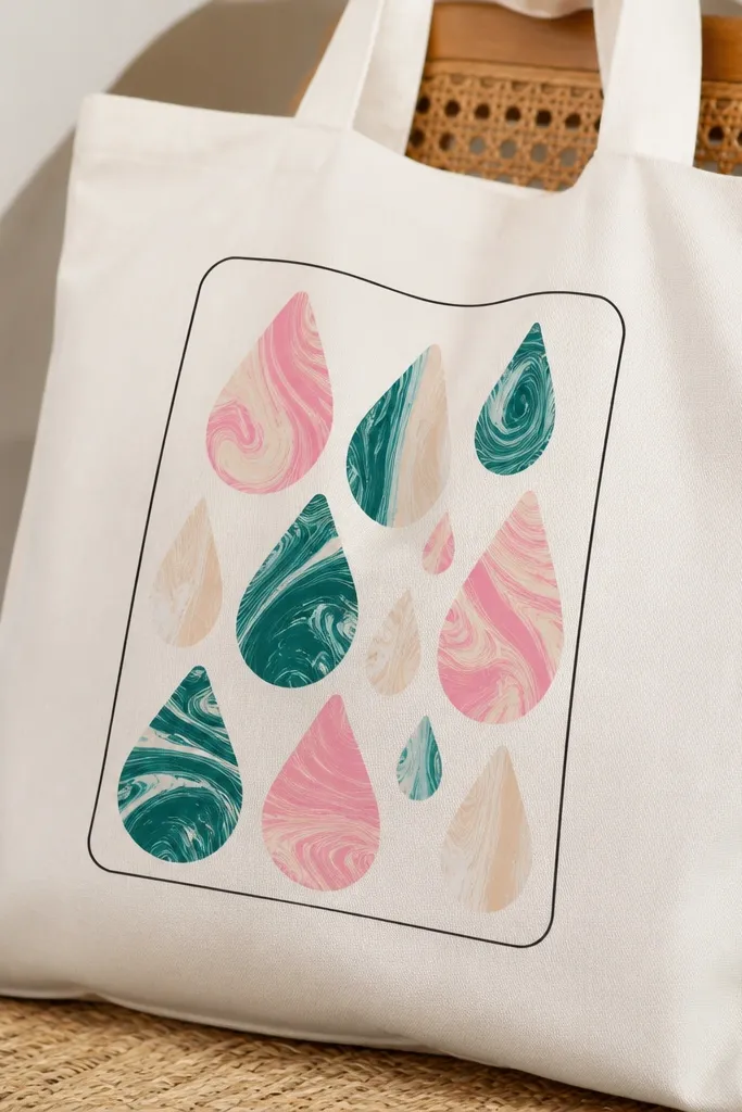 A light tote with an assortment of marbled color drops (teal, pink, cream) inside a thin black rounded rectangle outline; drops have swirls.