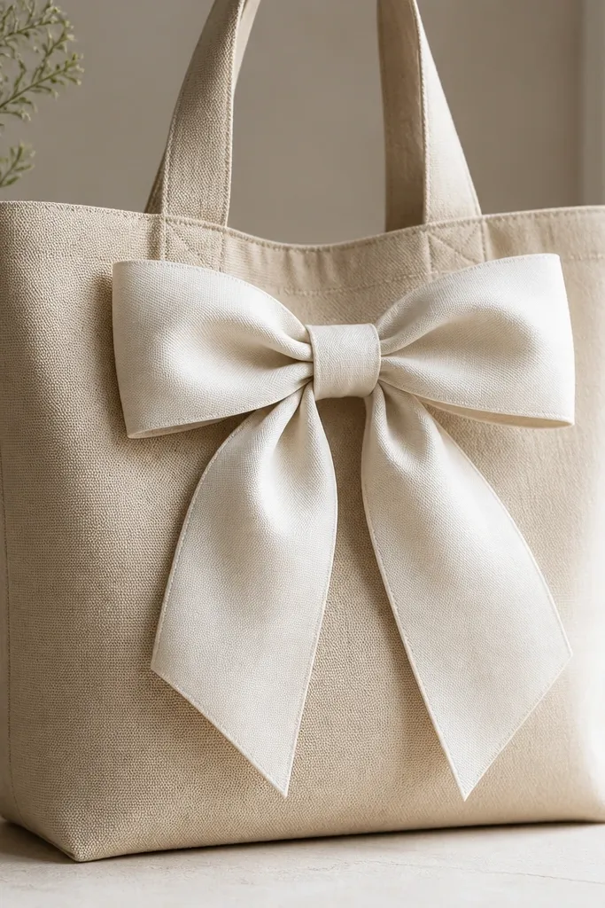A natural tote with a centered ribbon bow: off-white ribbon loops and tails, with soft gray shadows created by dry brushing; no glitter.