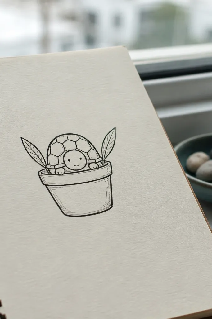 Turtle peeking from a small flower pot with a few leaves.