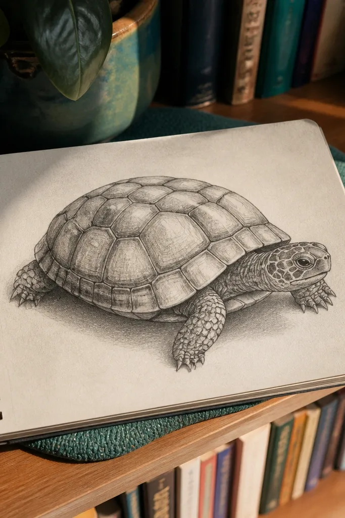 Three-quarter turtle with a shell pattern of checker-like scutes.