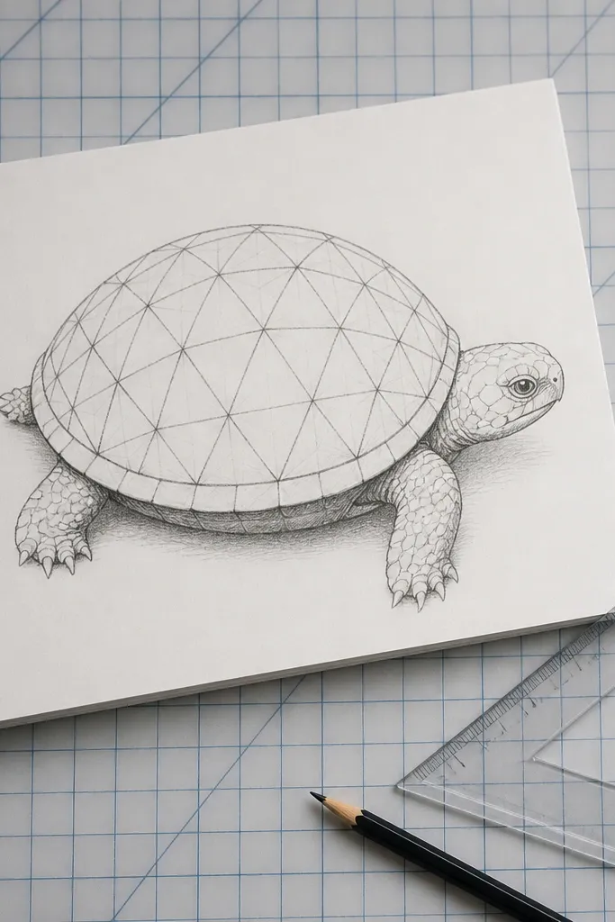 Turtle with a shell made of triangle sections and clean geometric lines.