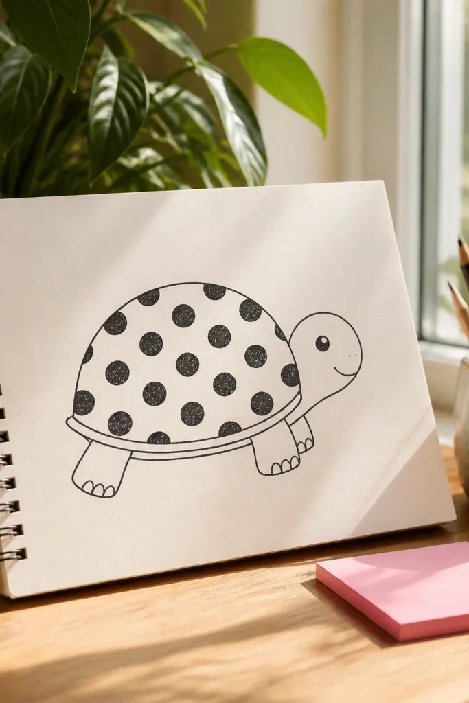 Turtle with a shell filled with large polka dots and a simple face.