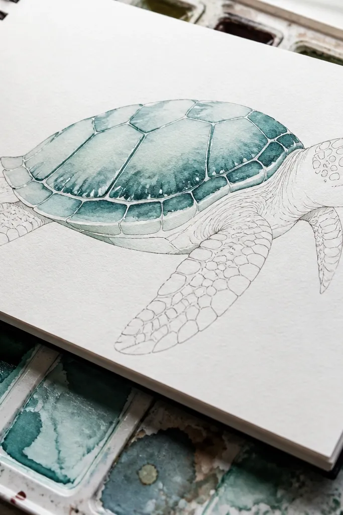 Turtle with a two-tone watercolor look shell and soft edges.