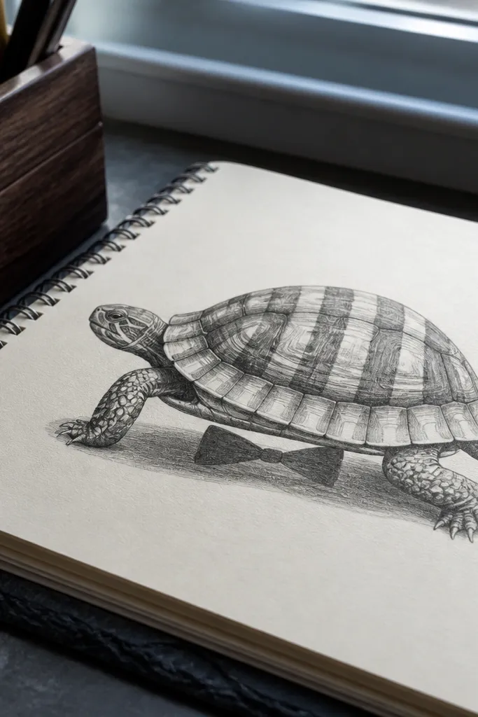 Turtle with striped shell and a bow-tie shaped shadow under it.