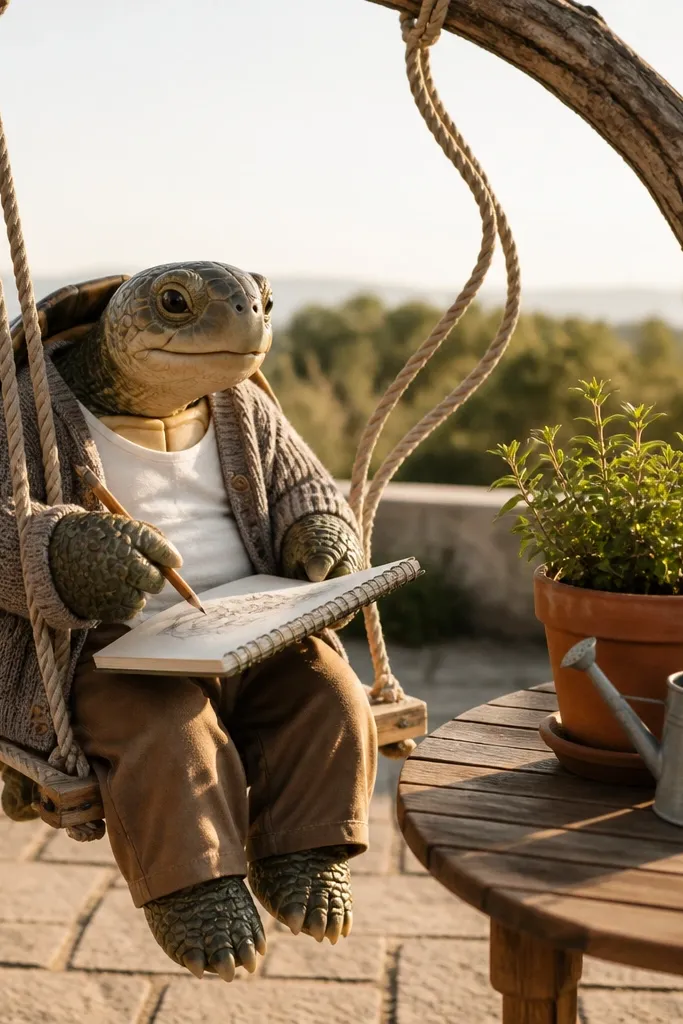 Turtle sitting on a small swing under a curved branch.