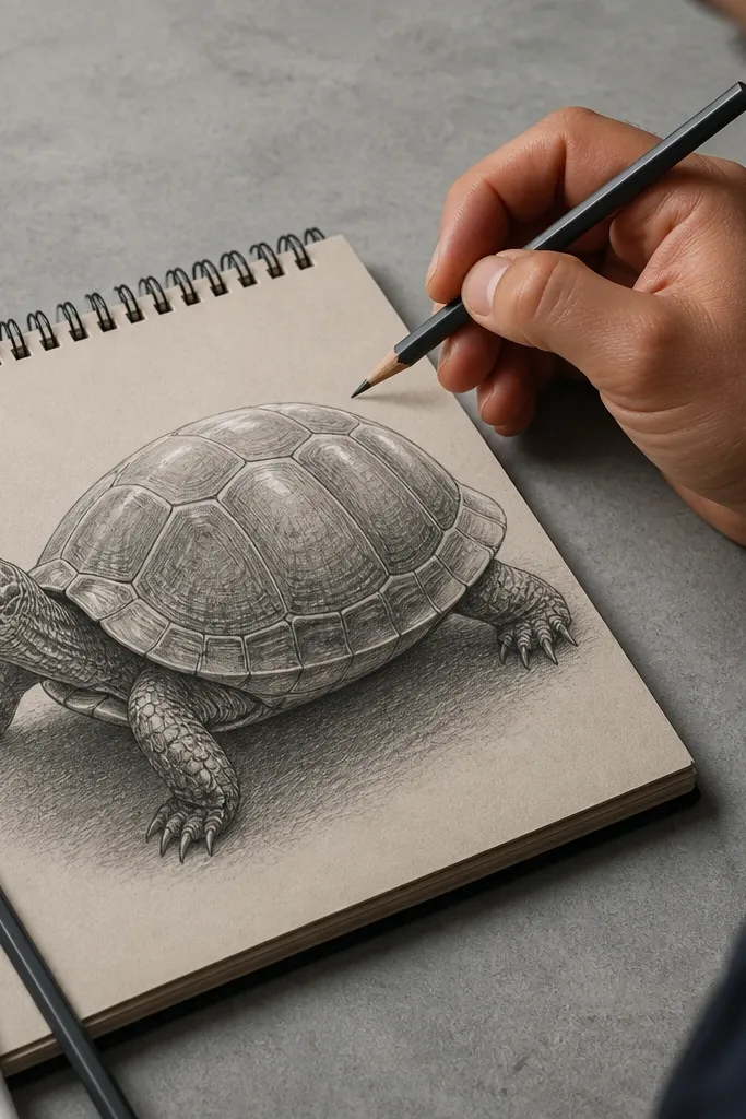 Turtle with a highlighted rim and crosshatch shading on the shell.