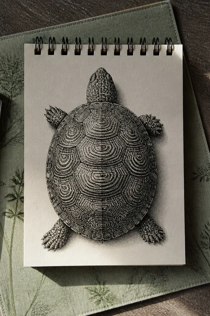 Turtle shell patterned with concentric half-moon shapes.