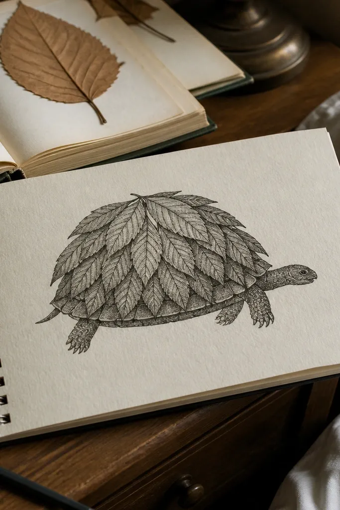 Turtle whose shell outline looks like overlapping leaves.