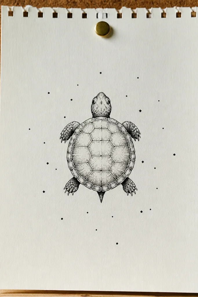 Turtle with a few tiny star dots around it on a clean background.