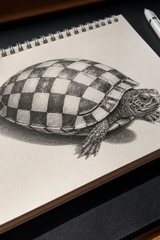 Turtle with a checkerboard shell pattern and clean outline.