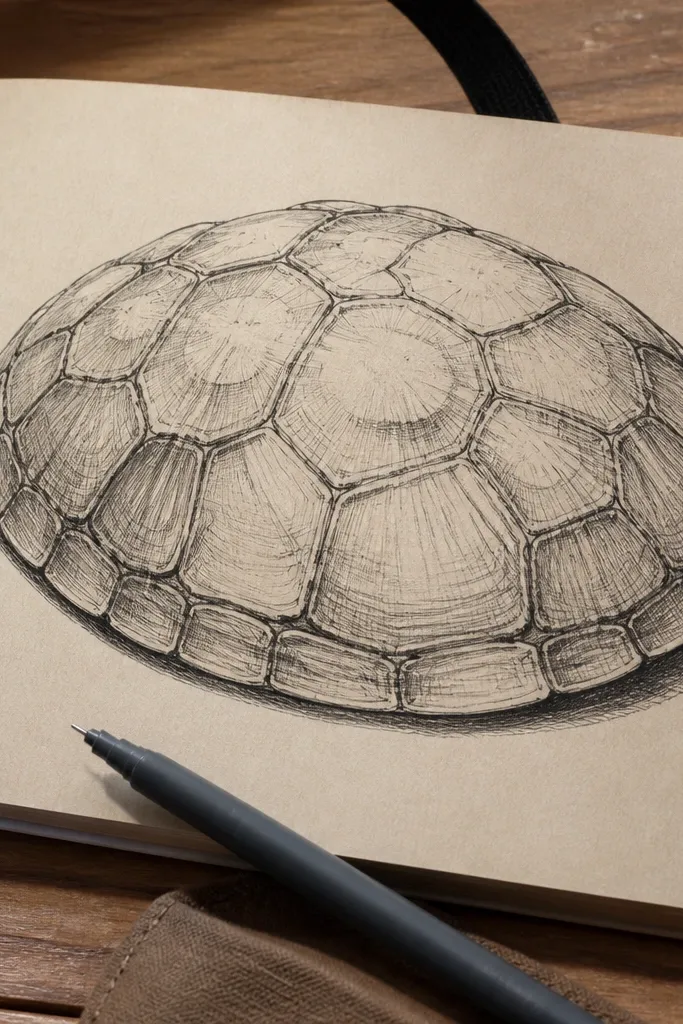 Turtle shell with overlapping scale-like scute shapes.