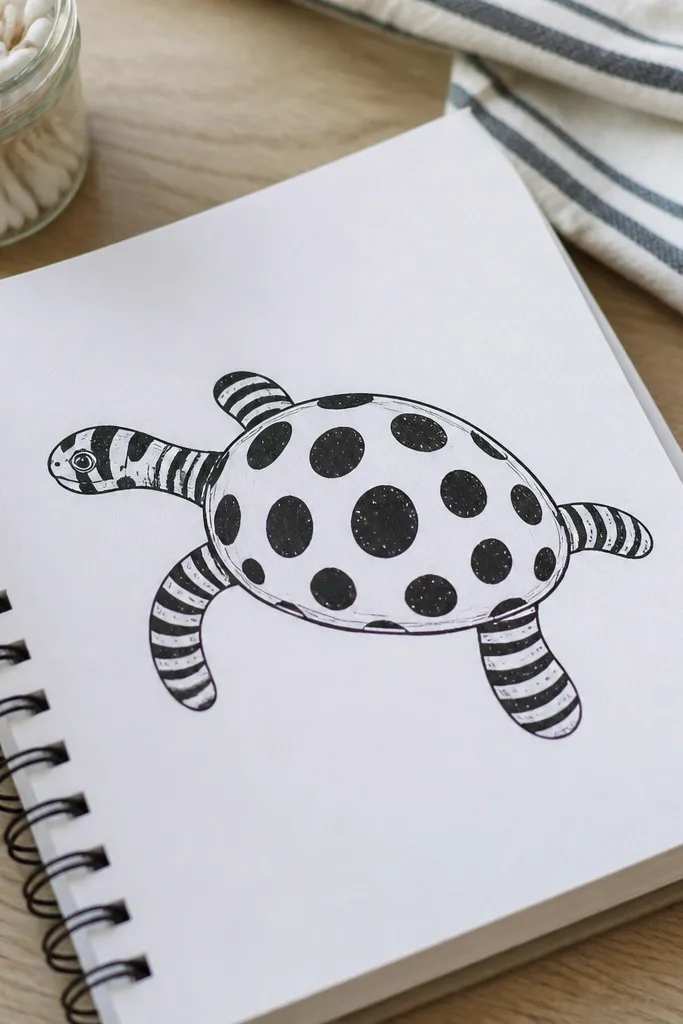 Turtle with striped legs and spotted shell pattern.
