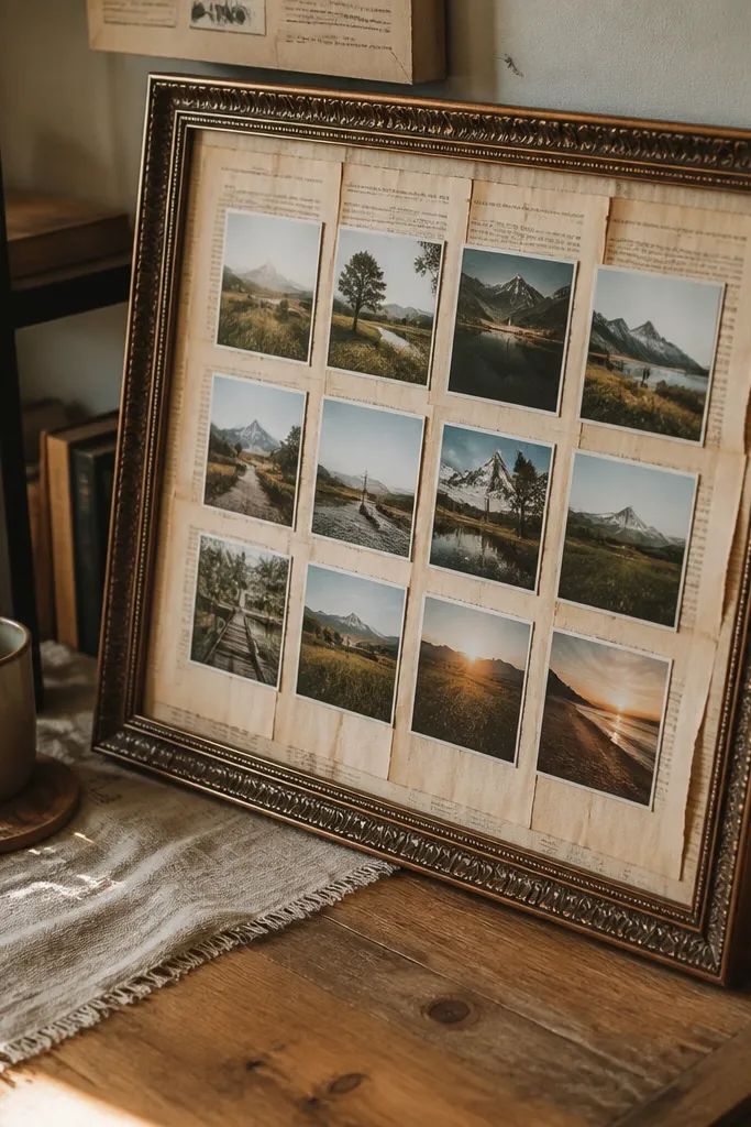 A single frame with layered book pages and small mood photos arranged in rows