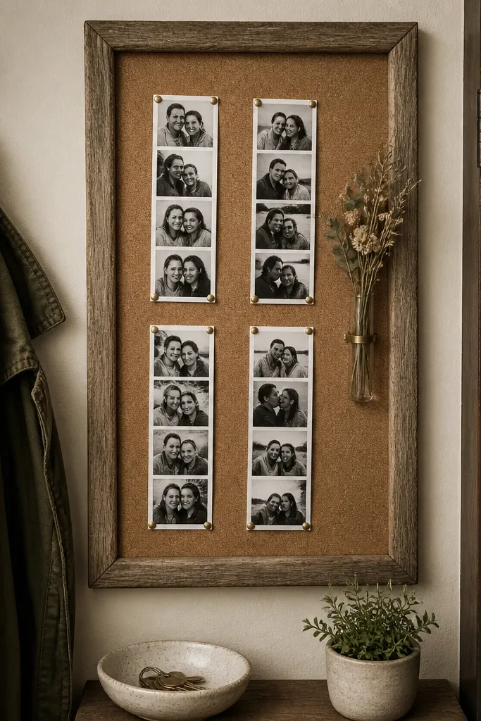 A corkboard inside a frame with strips pinned and cornered for neat edges