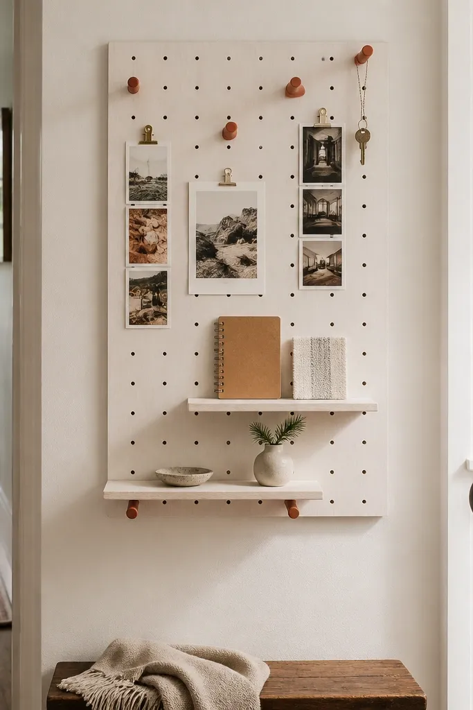 A small pegboard wall with painted hooks holding clipped cards