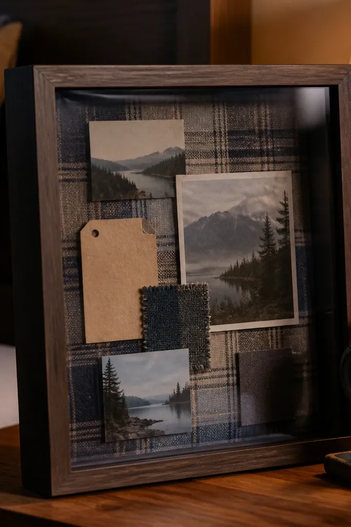 A shadow box with fabric background and layered photos and small items inside