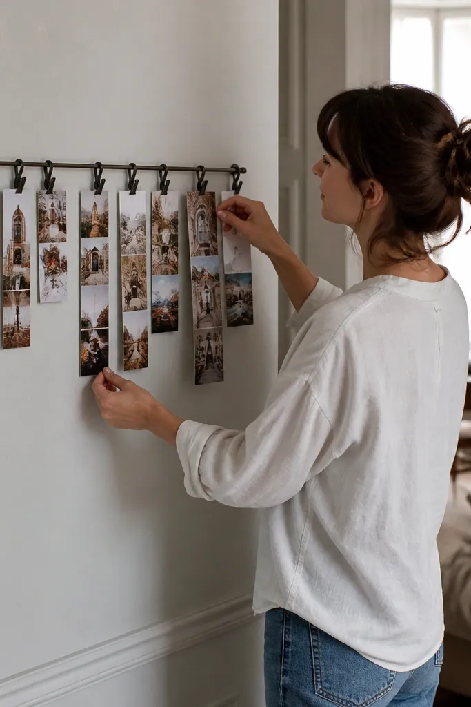 A row of clip-on strips hung on thin wire with small cards