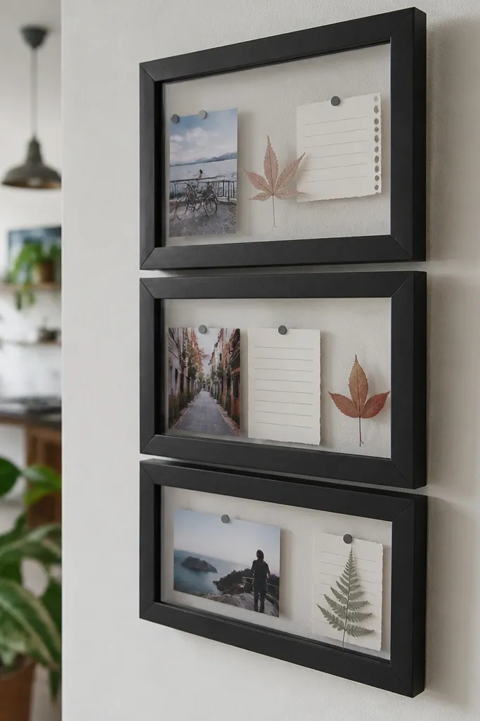 Small removable frames stuck on a wall with photos and handwritten notes