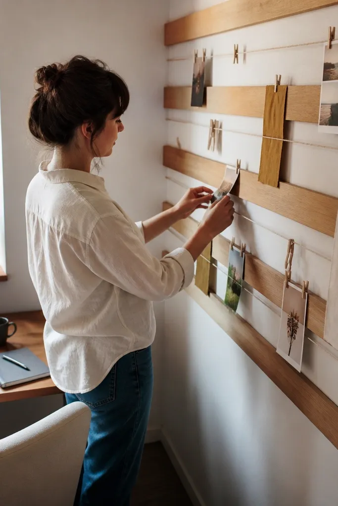 Wood slats on the wall with twine lines holding photos and fabric strips