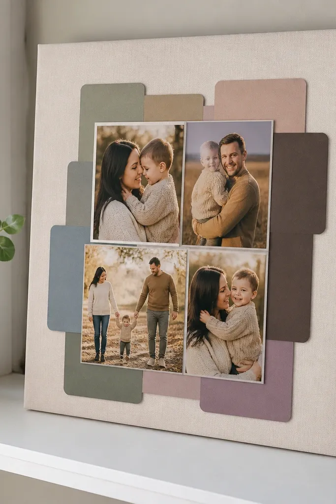 A linen-covered foam board with photos layered under paper tabs