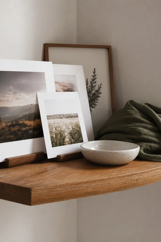 A corner shelf with mini prints leaning and small objects arranged in layers