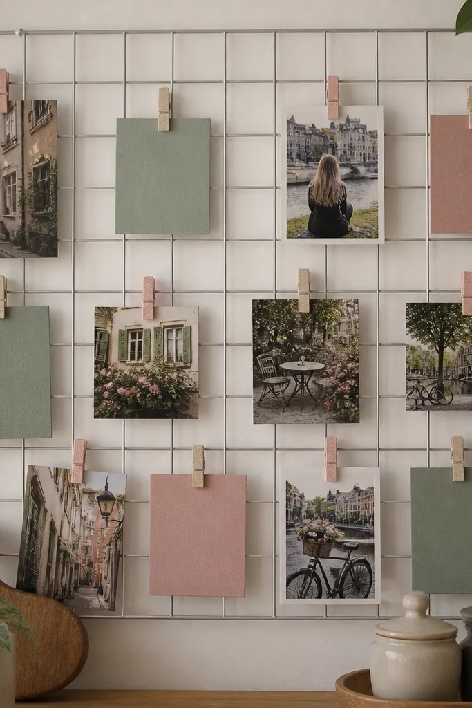 A wire mesh panel with fabric clips holding photos and color paper blocks