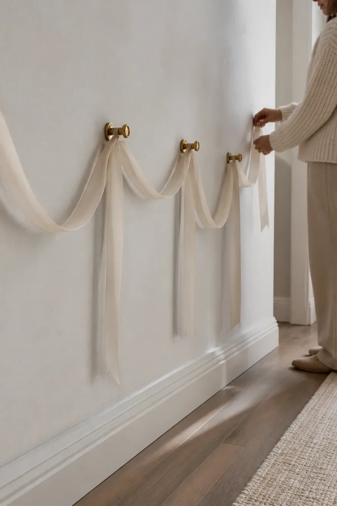 Drawer pulls mounted on a wall with ribbon lines holding small photos