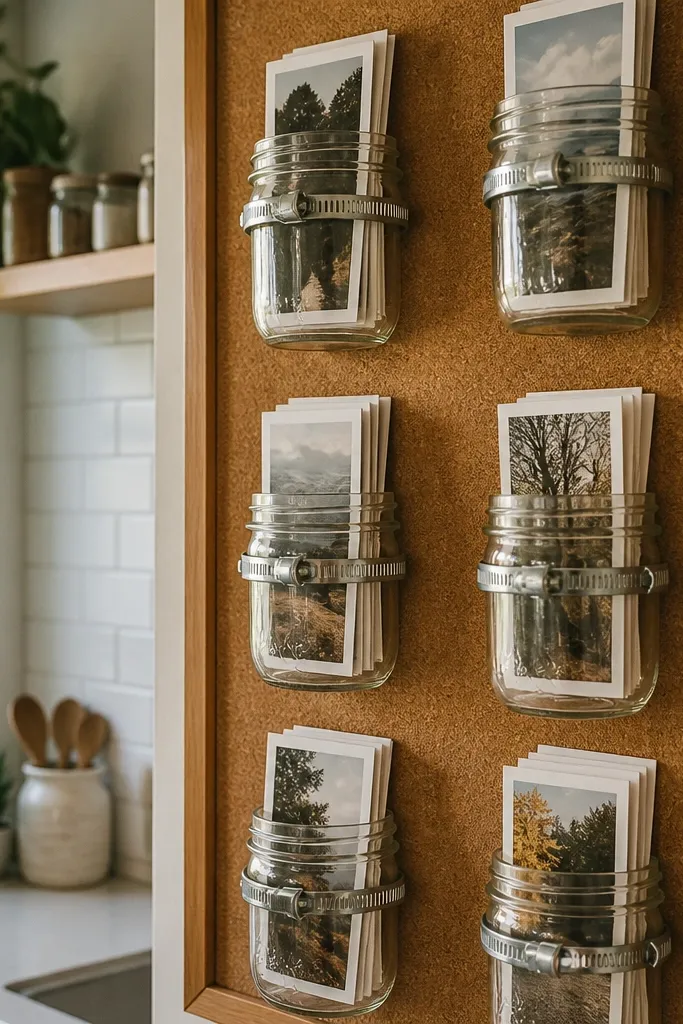 Small jars holding folded cards attached to a backing board