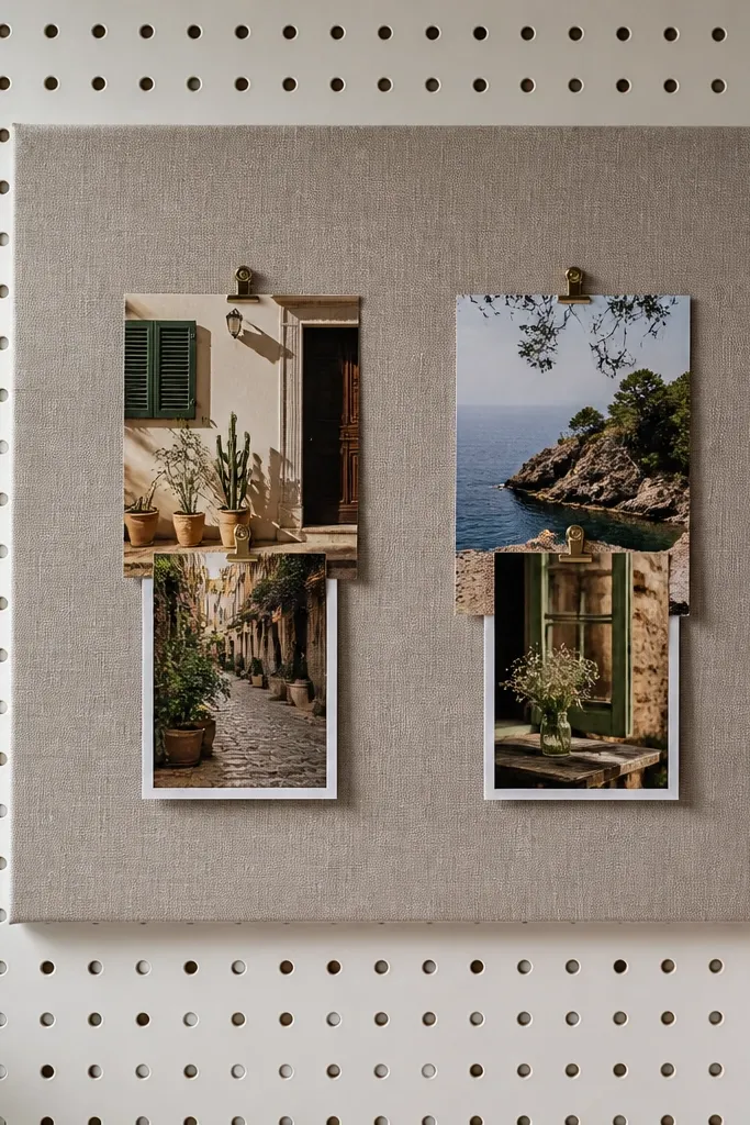 Pegboard with a fabric backdrop behind photos and small hanging cards