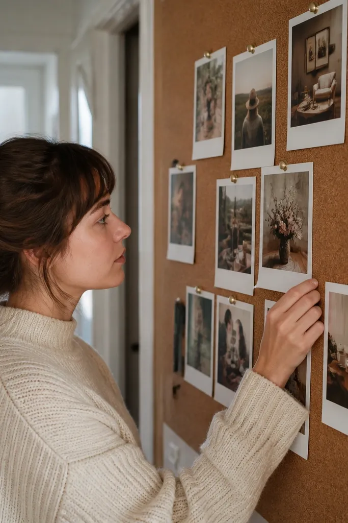 Polaroid-style photos pinned on a cork roll background with neat spacing