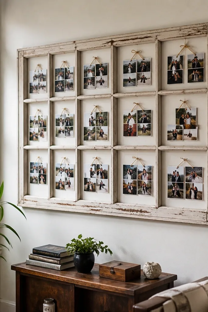 An old window panel with photos hung behind the panes using ribbon