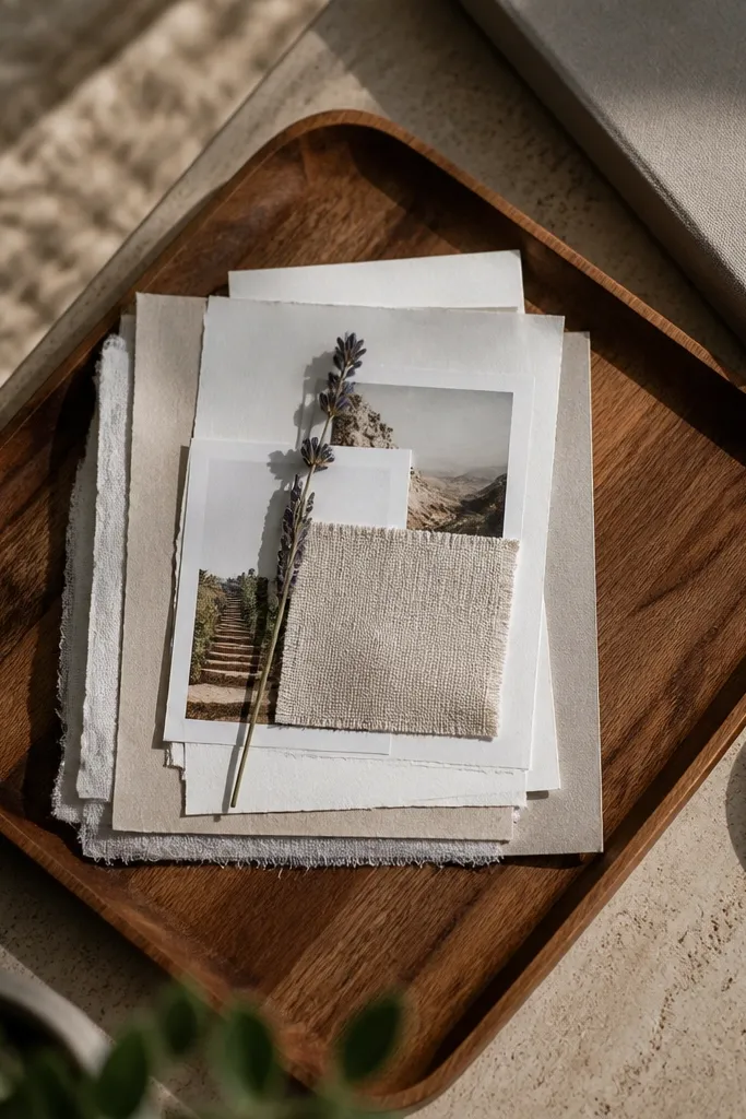 A small tray with photos stacked like steps and a few textured cutouts on top