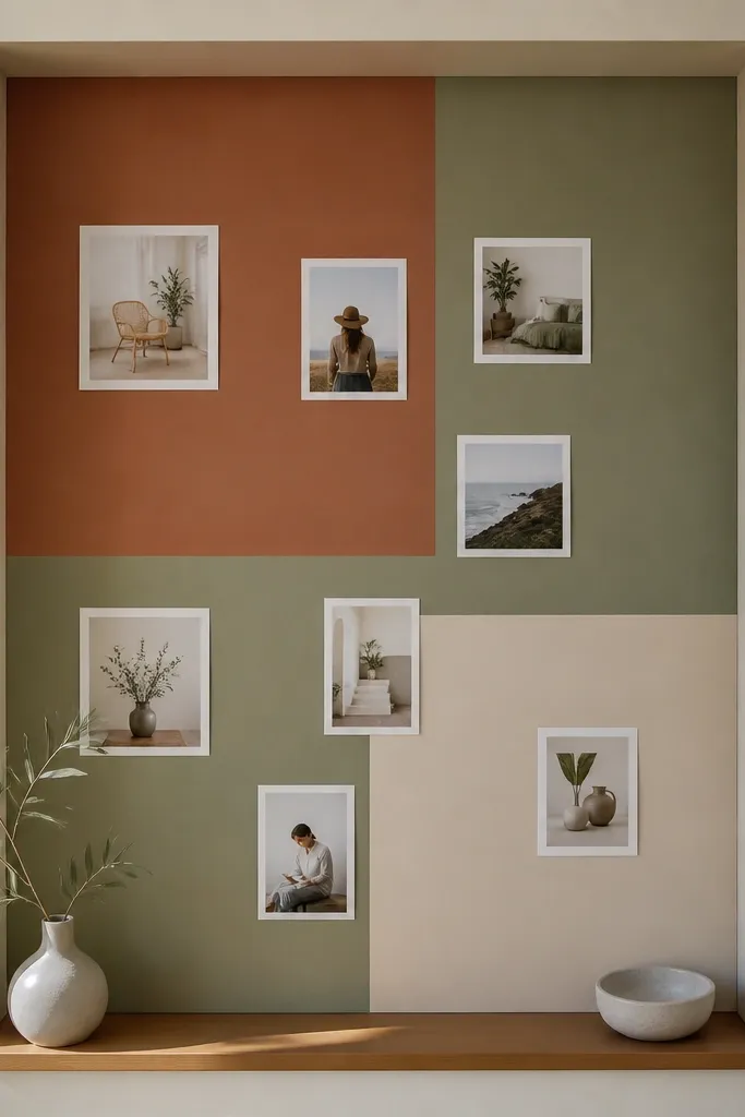 A board with bold paper color blocks and a few photos pinned in clean spots