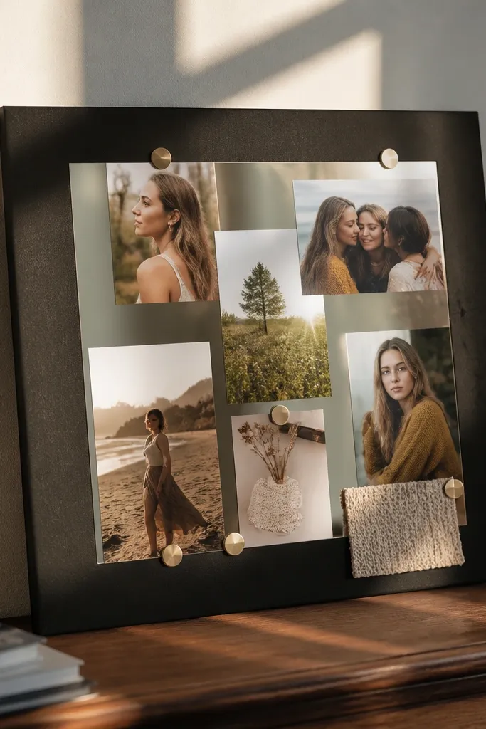 A small board with mirror backing and photos arranged with matte accents