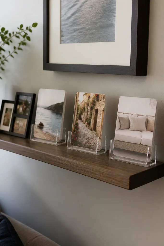 A small floating shelf with rotating cards and small decor pieces