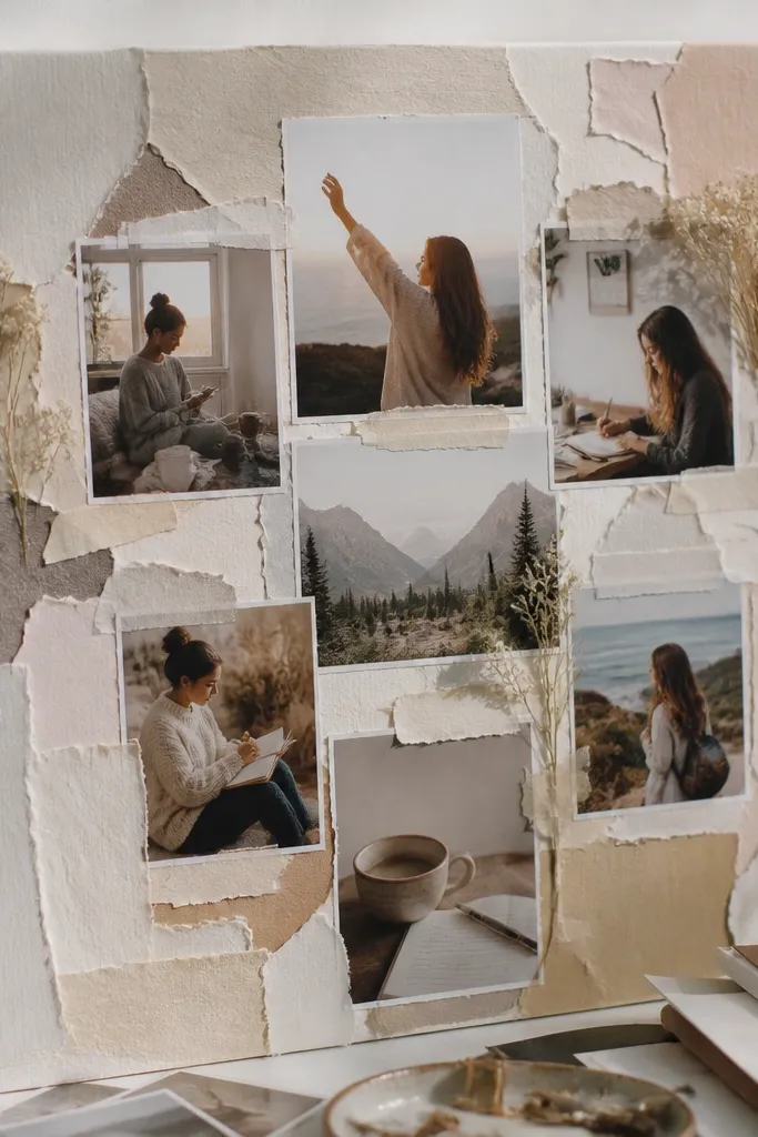 A collage board with torn paper edges and matte photos layered neatly