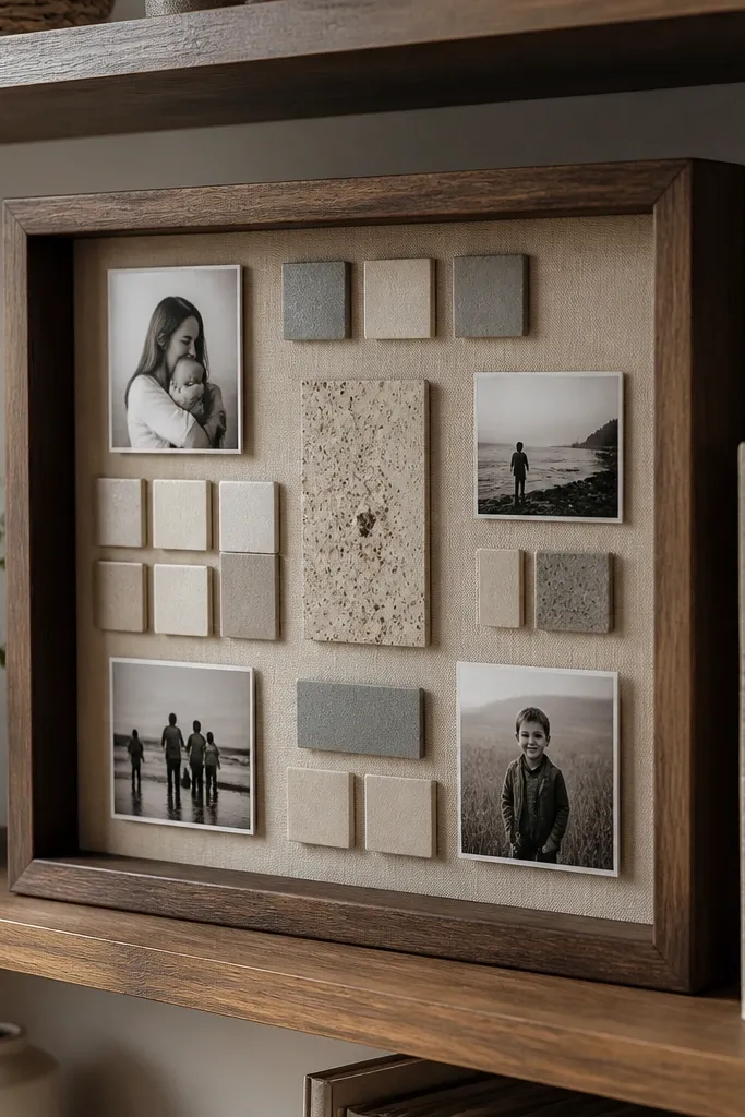 A shadow box with letter tiles, photos, and tiny paper cutouts arranged in a grid