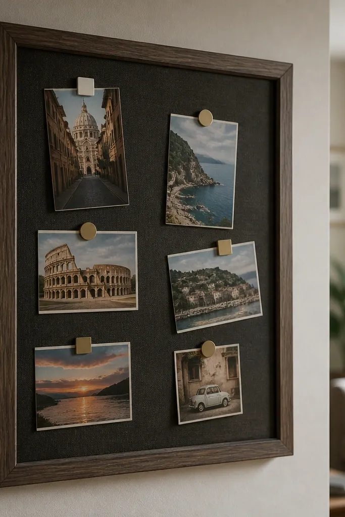 A framed magnet board holding upcycled postcards with neat spacing