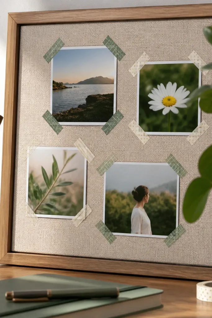 Photos pinned with washi tape corners on a cork or paper board