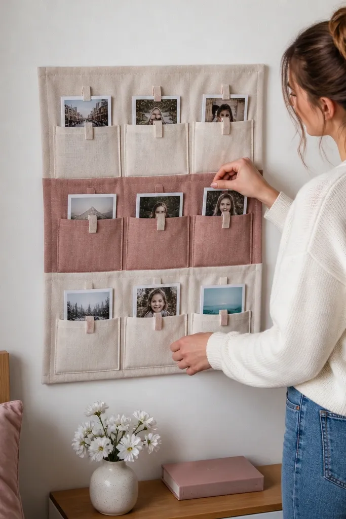 A small fabric pocket board with photos tucked into pockets