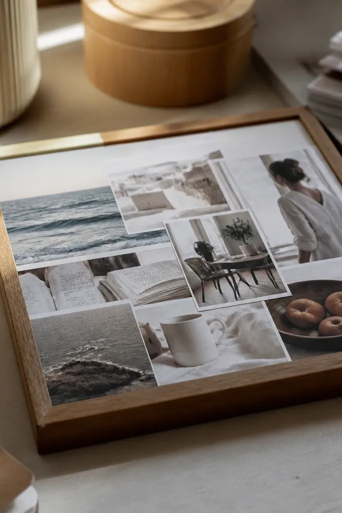A board with clear film covering photos and matte layers underneath