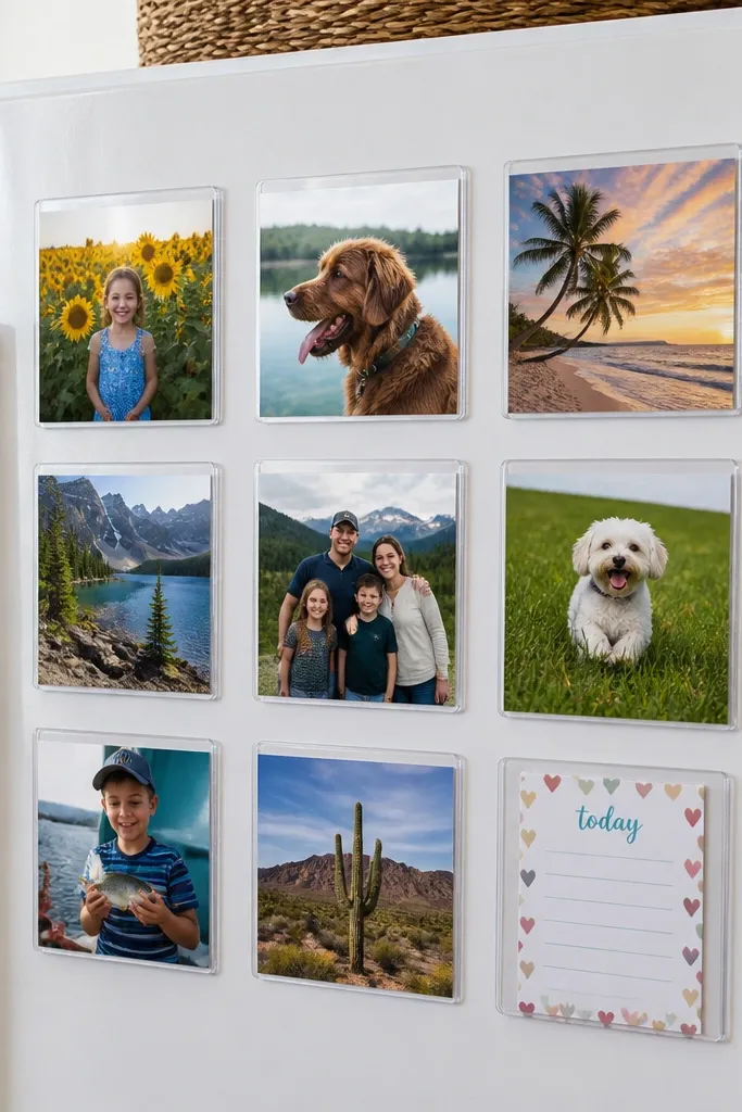 A small magnetic grid on a fridge door with calm cards and squares