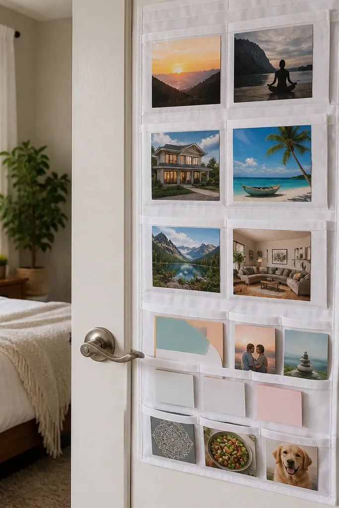 A clear pocket organizer hanging on a door with calm photos and labels