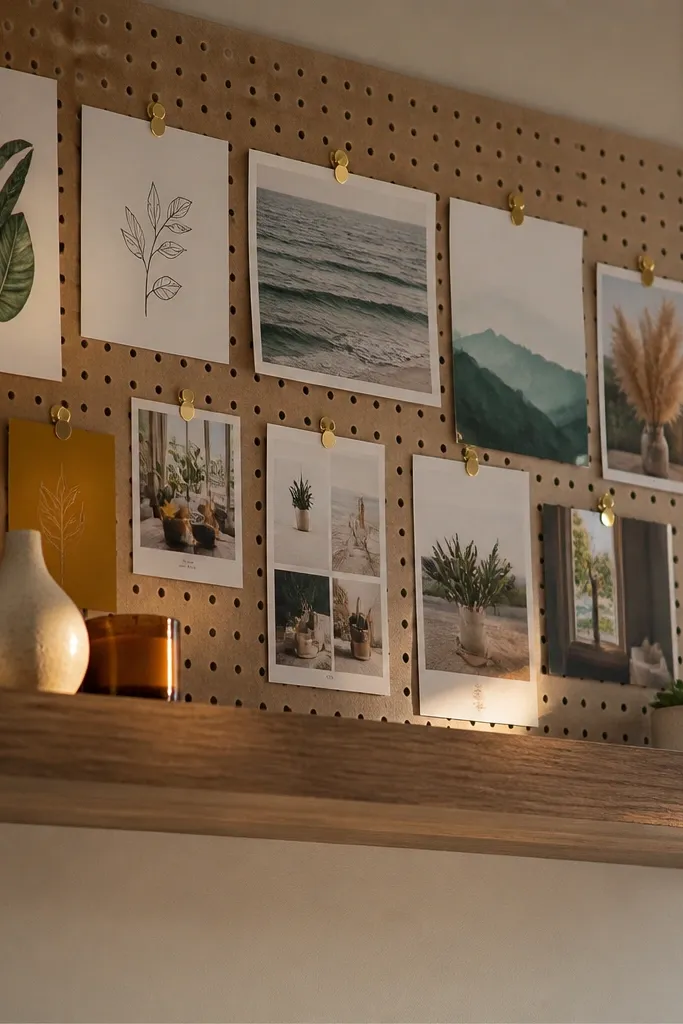 A small shelf with a pegboard backing holding photos and cards