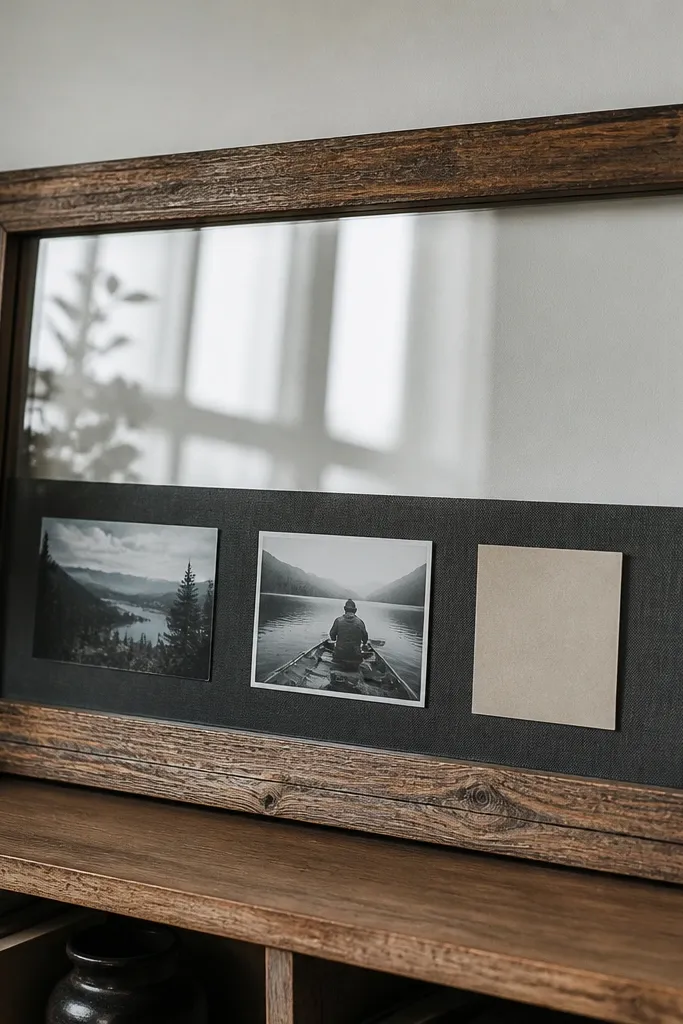 An old picture frame with fabric background and a strip of mood cards