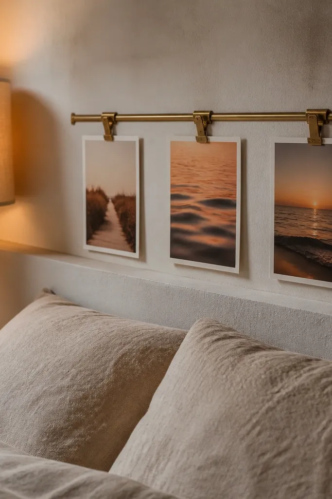 A small clip rail above a bed holding calm cards and photos