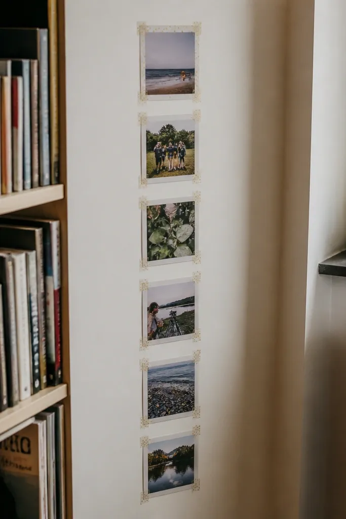 A narrow wall section with washi-tape framed photos and calm labels